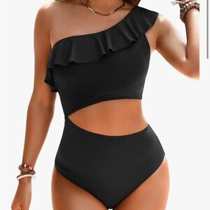 Black One-Shoulder Swimsuit with a Ruffle Size Small